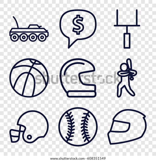 American icons set. set of 9 american\
outline icons such as military car, baseball player, goal post,\
helmet, baseball, american football helmet,\
basketball