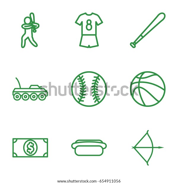 American icons set. set of 9\
american outline icons such as hot dog, money dollar, bow, military\
car, baseball player, football uniform, baseball, baseball\
bat