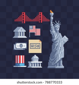 American icons. USA theme. Pixel art. Statue of Liberty. Hat cylinder with USA flag. 8-bit. Isolated abstract vector illustration.