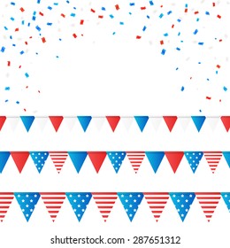 American independence 4 July element flags and confetti background. Vector illustration. Layered.