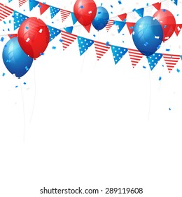 American independence 4 July element flags and confetti background. Vector illustration. Layered.