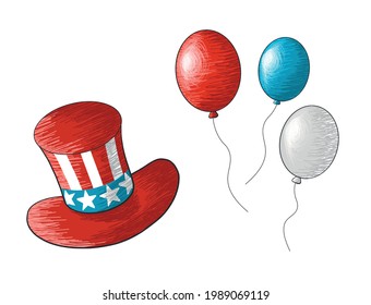 American Independence Day. 4 July. Festive vector illustrations. Hand drawn vector design elements. American flag colors hat and balloons illustrations. Isolated on white. Holiday elements for design 