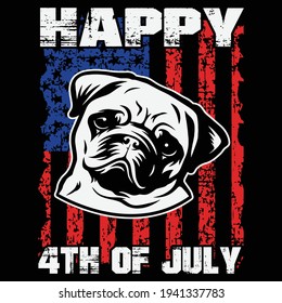 American Independence Day, 4th Of July Design with pug dog. US Independence Day Vector design for t-shirt, poster, mug, phone case etc.