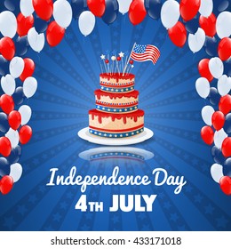 American Independence Day. 4th of July USA Holiday Background with Flag and Balloons.  Vector illustration.
