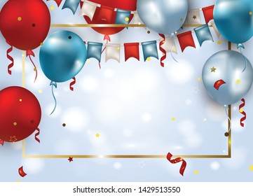 American Independence day background with blue and red balloons, confetti, serpentine, garlands and place for text. Vector banner for seasonal sales, promotions, party, events.