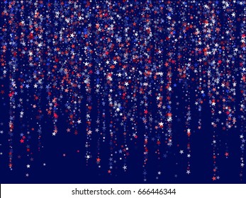 American Independence Day background with hanging garlands, festoons of red, blue and white stars. Holiday celebrating dangling lights graphic design. Stardust falling down pattern in USA flag colors.