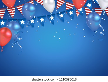 American Independence Day Background with Metallic Balloons and Triangle Flags