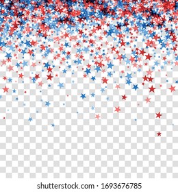 American Independence Day background with red and blue stars frame. Flying holiday stars confetti.