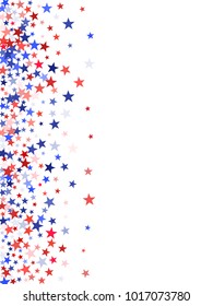 American Independence Day background with stars.  Holiday confetti in USA flag colors for President Day. Red blue stars American patriotic background. July 4 cool stardust.