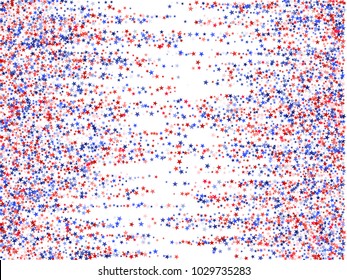 American Independence Day background with stars.  Holiday confetti in USA flag colors for Independence Day. Red blue stars flying American patriotic pattern. 4th of July cool stardust.