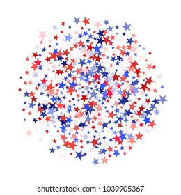 American Independence Day background with stars.  Holiday confetti in USA flag colors for Independence Day. Red blue stars American patriotic banner. July 4th stardust confetti on white.