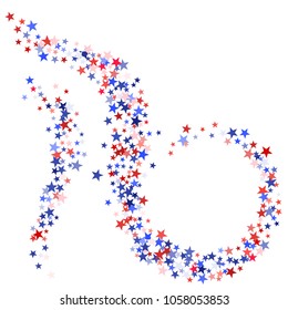 American Independence Day background with stars.  Holiday confetti in USA flag colors for Independence Day. Red blue stars flying American patriotic graphics. 4th of July trendy stardust on white.
