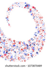 American Independence Day background with stars.  Holiday confetti in US flag colors for Independence Day. Red blue stars flying American patriotic backdrop. July 4th stardust confetti on white.