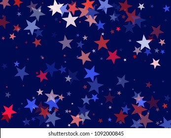 American Independence Day background with stars.  Holiday confetti in USA flag colors for Independence Day. Red blue stars American patriotic background. July 4 festive stardust on blue.