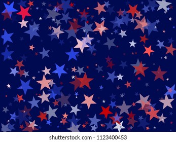 American Independence Day background with stars.  Holiday confetti in US flag colors for Independence Day. Red blue stars American patriotic banner. 4th of July cool stardust.
