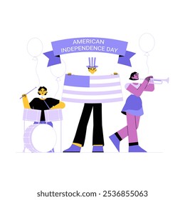 Banda Do Dia Da Independência Americana Com Músicos Em Ilustração De Vetor Plano Simbolizando Música, Celebração E Patriotismo, Isolados Sobre Fundo Branco