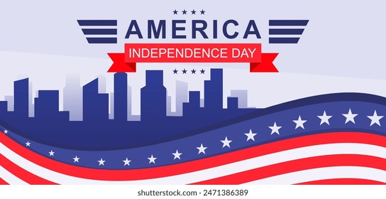 American Independence Day banner design template with vector illustration of urban silhouette and American flag	