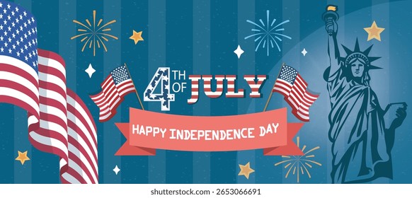 American Independence Day banner with flags, fireworks, and the Statue of Liberty on a dark blue striped background, celebrating national pride. Vector illustration