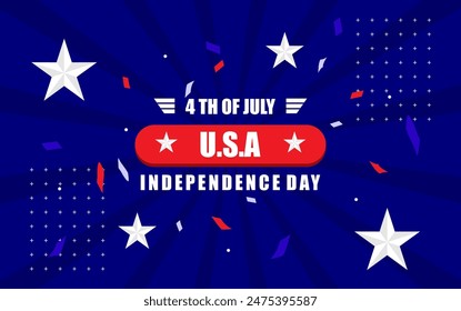 American Independence Day banner template design with blue background and vector illustration of scattered stars and confetti