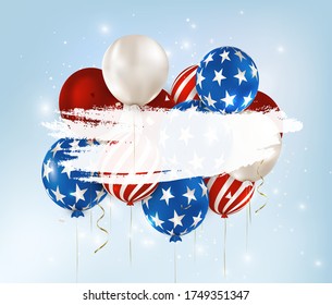 American independence day banner.Balloons with stripes, stars. The 4th of July. Memorial day of the usa.Liberty.Vector background.