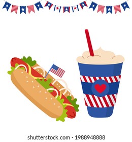 American Independence Day card fast food with flag. Cup coffee to go and Hot dog with USA flags, garland bunting. American patriotic independence festival. Soda takeaway. Isolated vector illustration