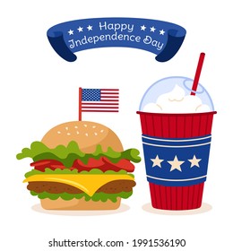 American Independence Day card fast food with flag, ribbon. Cheeseburger and cup coffee to go USA flags. Poster tape American patriotic independence festival. Latte takeaway. Isolated vector