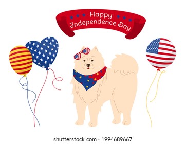 American Independence Day cartoon card. Funny patriotic pet white antarctical pup with glasses, ribbon balloon flag USA flat style. Festival independence day, hand drawn animal. Isolated vector