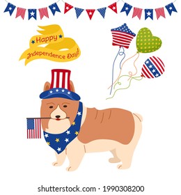 American Independence Day cartoon set. Funny patriotic pet corgi with flag hat, balloon, ribbon, garland bunting flag USA flat style. Festival happy independence day. Isolated vector illustration