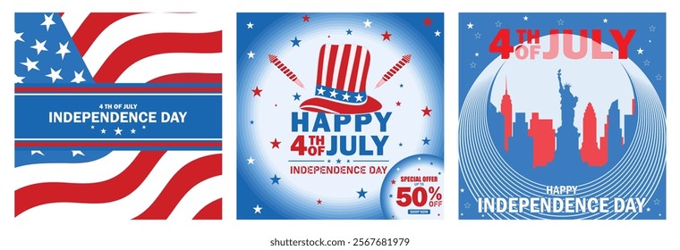 American Independence Day is celebrated every 4th of July. Shopping promotions on American Independence Day. The Statue of Liberty is a national icon. Independence Day USA concept.