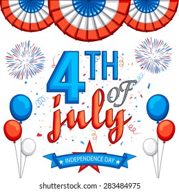 American Independence Day celebration background with stylish text 4th of July, firecrackers and balloons in national flag colors.