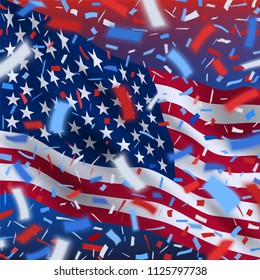 American independence day celebration banner with colorful flying confetti and national flag of of United States of America. Red, white, blue design with blurred rays.