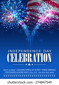 American Independence Day celebration beautiful invitation card with shiny fireworks on waving national flag background.