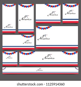 American Independence Day celebration concept, Social media banner or post set decorated with blue and red glossy bunting flag and text I Love America.