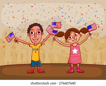 American Independence Day celebration with cute little kids holding national flags on stylish background.