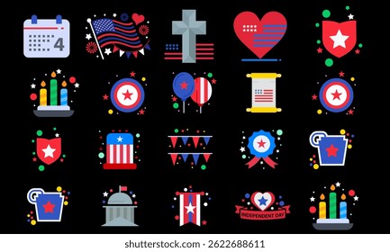 American Independence Day celebration icon set. Set of USA Day Icons American Symbols Independence Day.