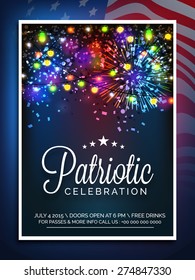 American Independence Day celebration invitation card decorated with colorful firecrackers and lights.