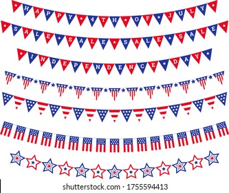 Día de la Independencia Americana, celebración en EEUU, puesta banderas, garland. Colección de elementos decorativos para la fiesta nacional del 4 de julio, fondo aislado. Banner de venta