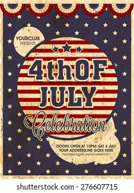 American Independence Day celebration vinatge invitation card with stylish text 4th of July on stars decorated blue background.