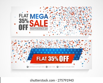 American Independence Day celebration website header or banner set of Mega Sale with 35% discount offer.