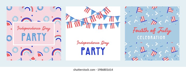 American Independence Day celebrations. greeting design with USA patriotic colors. Collection of greeting background designs, 4th of july, social media promotional content. Vector illustration