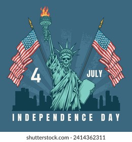 American independence day colorful poster with statue liberty near city skyline and flags for 4th july party decorations vector illustration