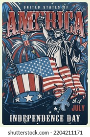 American independence day colorful vintage poster with statue liberty and patriotic flag with 4th of July festival invitation vector illustration