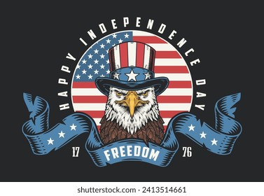 American independence day colorful vintage flyer with eagle looking fiercely at screen and word freedom near patriotic flag vector illustration