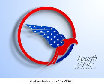 American Independence Day concept with bald eagle in flag colors and text Fourth of July.