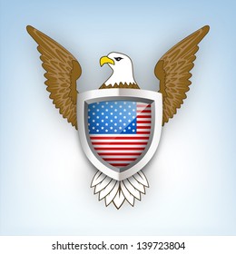 American independence day concept with flying national bird eagle holding national flag shield on blue background.