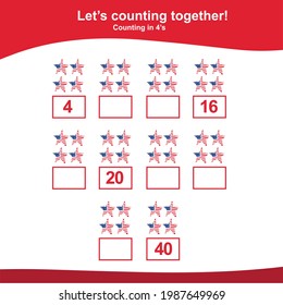 American Independence Day counting game for Preschool Children. This worksheet is suitable for educating early age children to count multiples of four. Educational printable math worksheet.