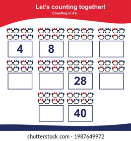 American Independence Day counting game for Preschool Children. This worksheet is suitable for educating early age children to count multiples of four. Educational printable math worksheet. 