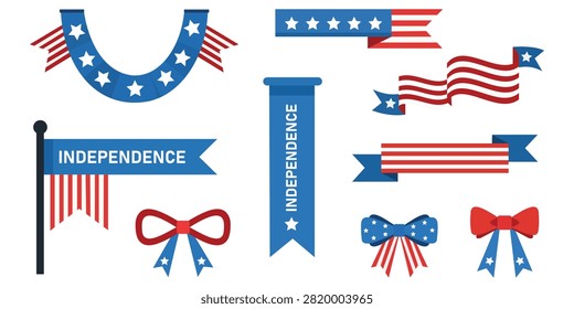 American Independence Day decoration collection featuring patriotic ribbons banners stars stripes bow ties and festive ornaments isolated colorful vector illustration for national holiday celebrations.
