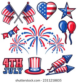 Colección de elementos del día de la independencia estadounidense. 4 de julio Día de la Independencia de Estados Unidos colección de set