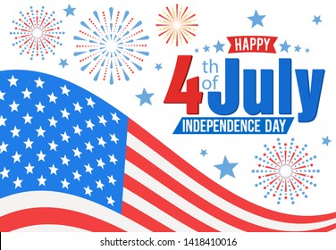 American Independence Day, festive banner with american flag and fireworks. Vector